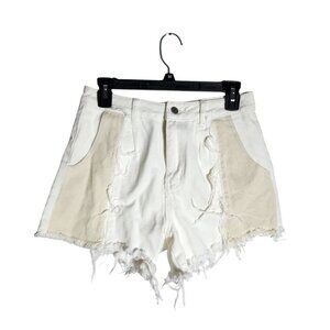 White Distressed Shein Womens Denim Shorts With Raw Hem & Beige Patchwork